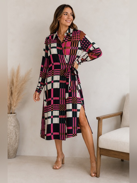 Vilagallo Dresses & Skirts - Vilagallo Esther Dress EU 42 Plaid Wrap Shirt Dress Pink Green Side Slit